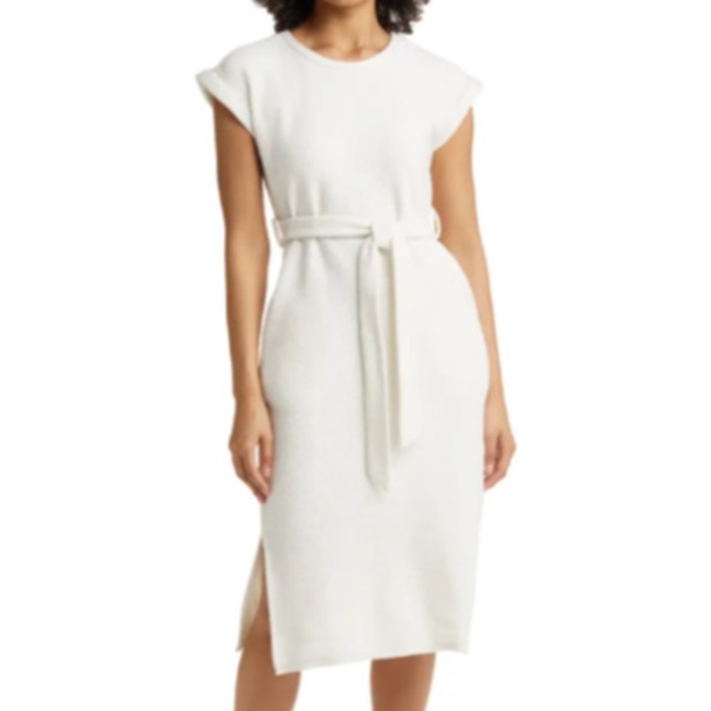 NWT Caslon Cream Textured Knit Belted Dress